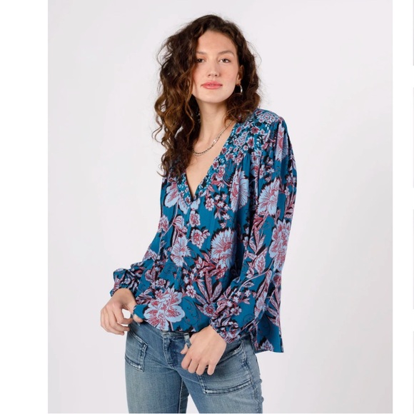 Band of Gypsies Tops - JOSIE SAPPHIRE MIXED PRINT LONG SLEEVE TOP
